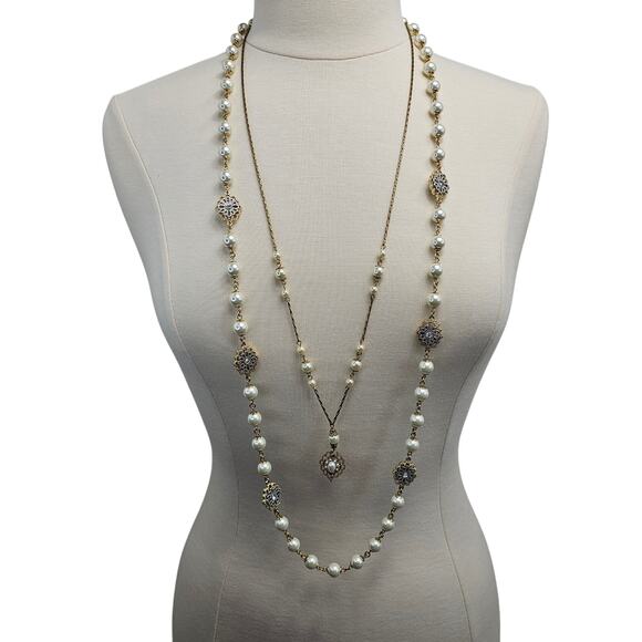 Charter Club Necklace Mixed Metal Filagree Rhinestones Faux Pearl Goldtone - Picture 1 of 7